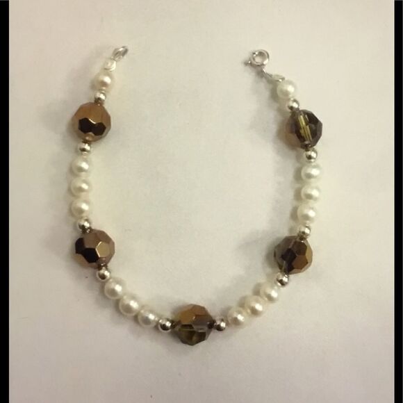 New Genuine Freshwater Pearl & Faceted Cocoa Crystal Bracelet - Picture 1 of 2